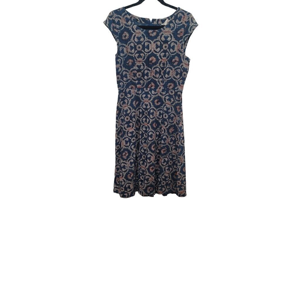 Mata Traders Cotton Block Print Kantha Stitch Dress‎ Blue Red Women's S Boho